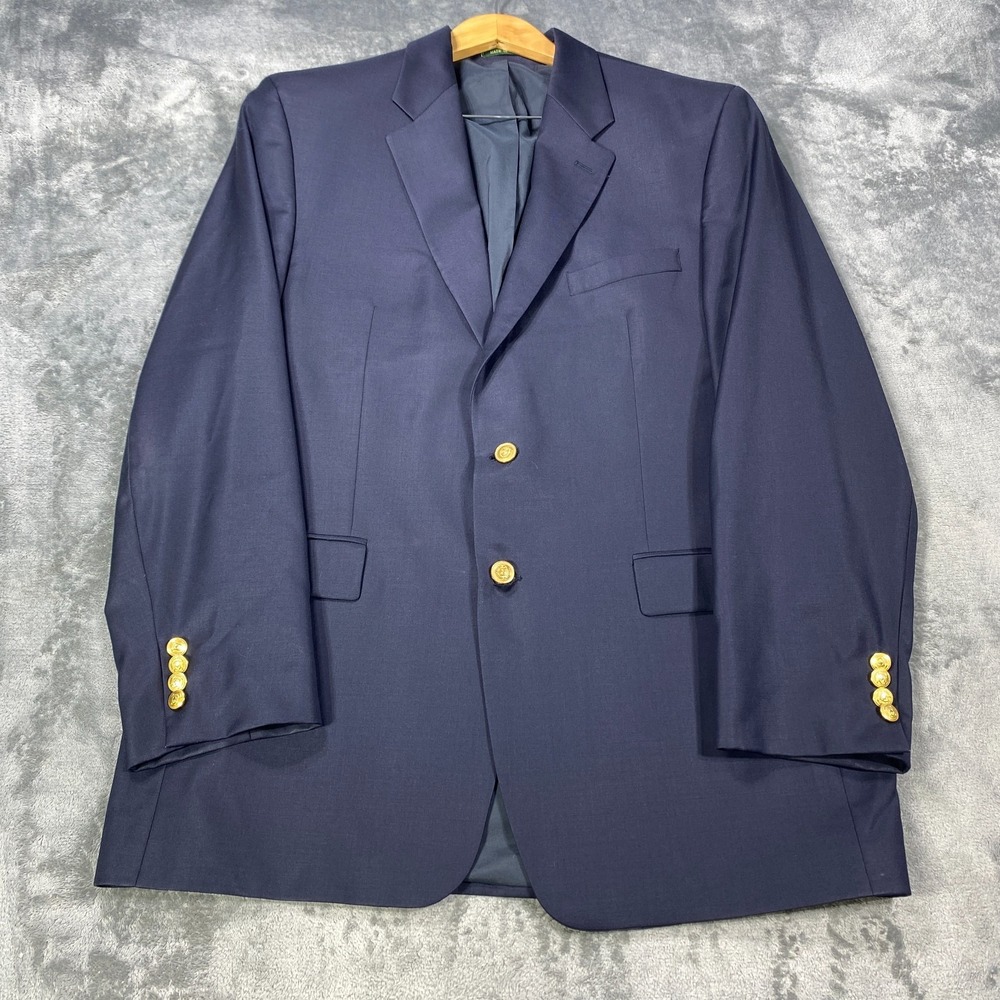 Ralph Lauren Blazer Jacket 44L Mens Navy Blue 100% Wool Gold Button Sport Coat